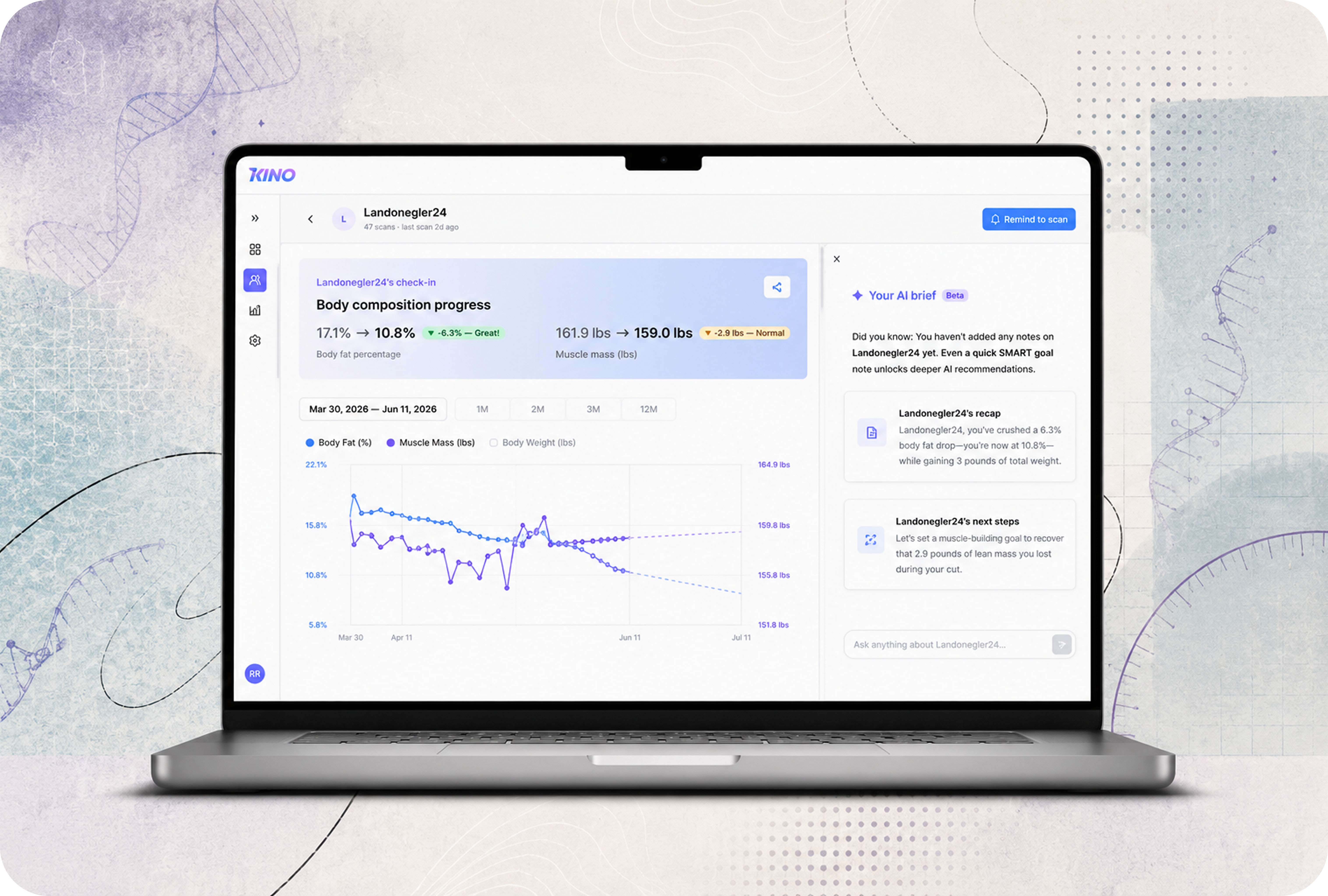 Kino Fitness' 'Client Check-In' console. View a client's progress and correlate it with their 
              prescribed care plan through notes and Kino's intra-platform AI chatbot.